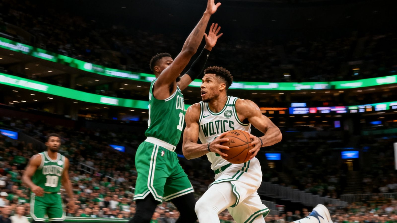 NBA篮球直播画面凯尔特人对阵雄鹿，字母哥持球突破
